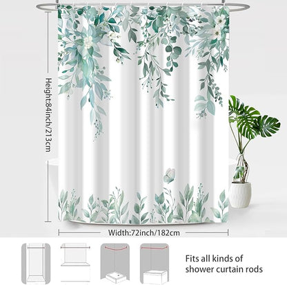 Teal Floral Eucalyptus Shower Curtain with Hooks, 72x84 Inch | Waterproof Fabric, Watercolor Leaves and Floral, Botanical Style, Machine Washable, Quick-Drying, for Hotel Bathroom