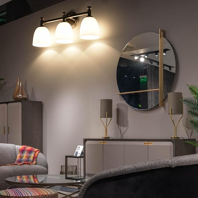 Bathroom Vanity Light, 3-Light Bathroom Light Fixtures Over Mirror, Traditional Vanity Lights for Living Room, Milk White Bell Glass Shades, Standard E26 Base, Brushed Nickel