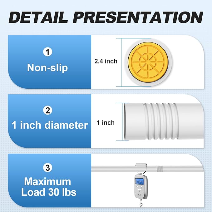 CorkLatta White Shower Curtain Rod 31 to 80 Inch,1 Inch Diameter Adjustable Spring Tension Stainless Steel Telescoping Rod,Easy Install,No Rust | Stainless Steel Tension Curtain Rod Non slip, No Drill Shower Rods for Bathroom,Easy Install