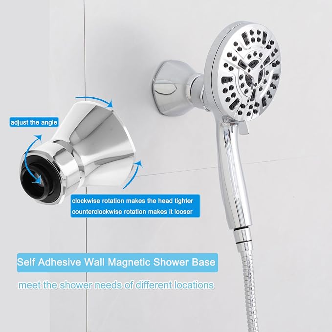 High Pressure Shower Head with Magnetic Back Fixed Base Design,Handheld Showerhead with Hose Set Stainless Steel 59 inches/5 ft 10-Setting 5 inches Large Face,Chrome Finish