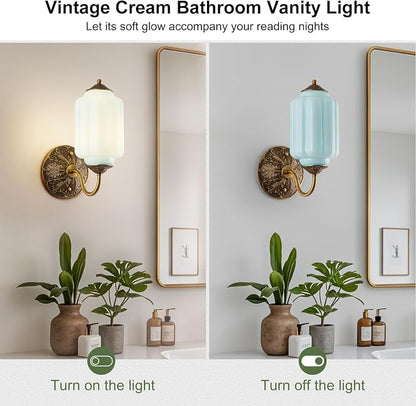 Vintage Gold Milk Glass Wall Sconce, Wall Light Set of Two - Vintage Mint Blue Shade & Brass Finish Base, Indoor Hardwired Wall Lighting Fixture for Foyers, Bedroom, etc (Bulbs Included)- Milk Blue