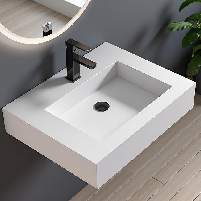 30 inch Wall Mount Floating Vanity with Sink | Bathroom Vessel Sink Rectangle Modern Stone Resin White Washing Sink Art Basin for Bathroom AFS140-750