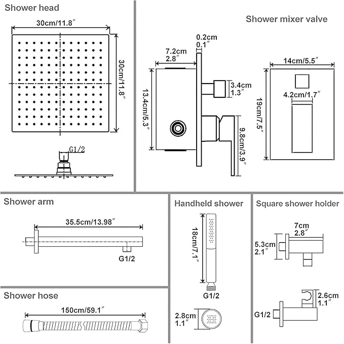 12 Inch Rainfall Shower System Rain Shower Head Combo Shower Faucet Fixture | Shower Head and Handle Set Wall Mounted Shower Mixer Kit Valve Nickel