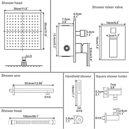 12 Inch Rainfall Shower System Rain Shower Head Combo Shower Faucet Fixture | Shower Head and Handle Set Wall Mounted Shower Mixer Kit Valve Nickel