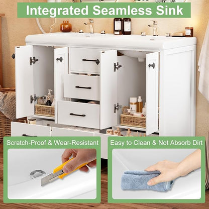 48" White Bathroom Vanity with Double Sink, 47.3" × 19.7" × 35.5" Bathroom Vanity Cabinet with 2 Doors & 6 Drawers, Modern Vanity Set with Ceramic Sinks
