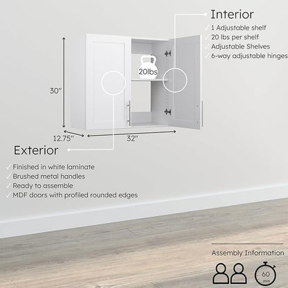 Prepac Elite 32'' Bathroom Wall Cabinet with Panel Doors, Wood Kitchen Pantry Cabinet, Wall Hanging Laundry Room Cupboard with 1 Adjustable Shelf for Kitchen, Laundry Room and Bathroom, White