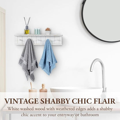 MyGift Wall Mounted White Wood Bathroom Shelf with 5 Hooks Towel Rack | Open Display Shelving with Five Hanging Pegs for Towels, Robes, Keys & Everyday Essentials, Rustic Farmhouse Style