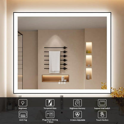 48x40 Inch LED Bathroom Mirror with Black Frame | Black Metal Frame, Front and Backlit, 3 Colors, Dimmable, Memory, Anti Fog, Tempered Glass, Lighted Mirror for Wall