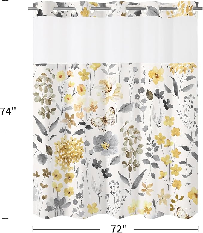 No Hook Yellow Watercolor Floral Shower Curtain and Liner Set, 72x74 | Spring Flower Shower Curtains with Snap-in Liner for Farmhouse Bathroom Decor, Botanical Bathroom Curtain with Leaves