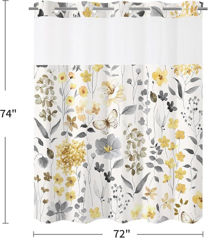 No Hook Yellow Watercolor Floral Shower Curtain and Liner Set, 72x74 | Spring Flower Shower Curtains with Snap-in Liner for Farmhouse Bathroom Decor, Botanical Bathroom Curtain with Leaves