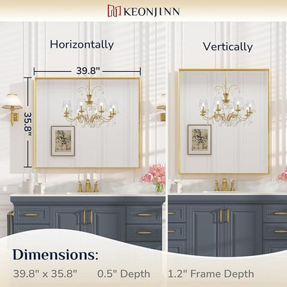 Keonjinn 42x36 Inch Gold Bathroom Mirror for Over Sink, Rectangular | HD Tempered Glass, Vanity Mirror, Brushed Framed, Square Corner, Modern Farmhouse, Wall Mounted Mirrors, Aluminum Alloy
