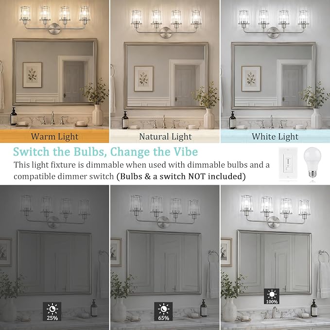 Brushed Nickel Vanity Lights 4-Light Crystal Bathroom Light Fixtures | Modern Bathroom Vanity Light E26 Wall Light over Mirror (Exclude Bulb)