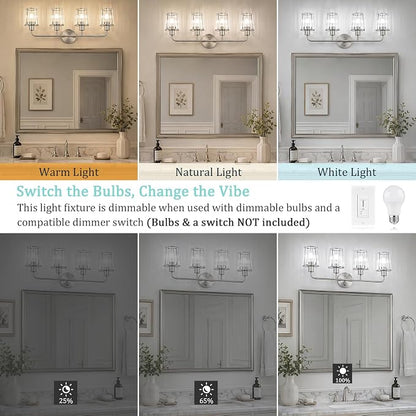 Brushed Nickel Vanity Lights 4-Light Crystal Bathroom Light Fixtures | Modern Bathroom Vanity Light E26 Wall Light over Mirror (Exclude Bulb)