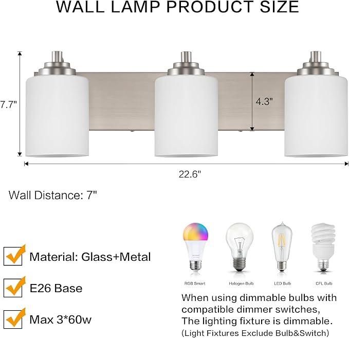 SOLFART Modern Brushed Nickel 3 Light Vanity Sconces for Bathroom, Milky Glass Globe Bathroom Light Fixtures, 3 Lights Over Mirror Wall Mount Lighting (Bulbs Not Included)