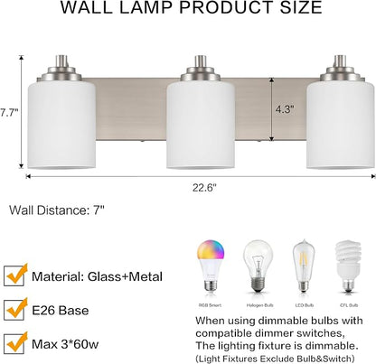 SOLFART Modern Brushed Nickel 3 Light Vanity Sconces for Bathroom, Milky Glass Globe Bathroom Light Fixtures, 3 Lights Over Mirror Wall Mount Lighting (Bulbs Not Included)