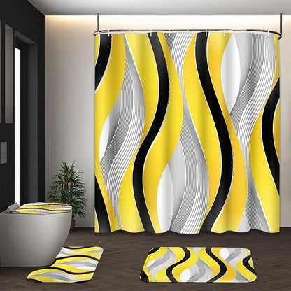 Bathroom Sets with Shower Curtain and Rugs, 4 Pcs Geometric Yellow | Striped Modern Grey Bathroom Decor Set with Toilet Lid Cover, Non-Slip Bath Mats and Accessories 12 Hooks