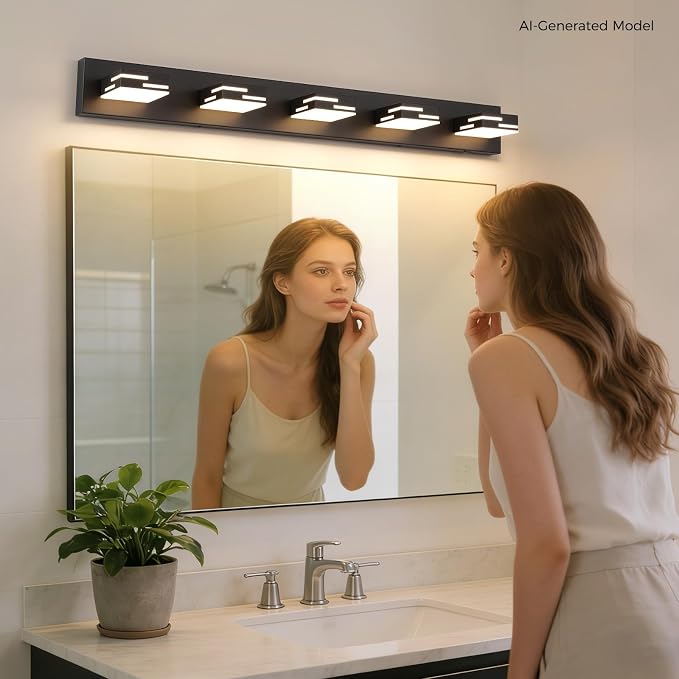 5-Light 5CCT Modern Bathroom Vanity Light Fixtures, 40-Inch 350° Rotatable LED Vanity Lights Over Mirror, Dimmable Matte Black Metal Wall Sconce 2700K-6000K Selectable