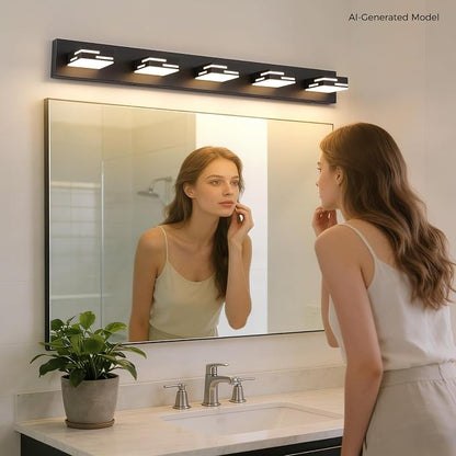 5-Light 5CCT Modern Bathroom Vanity Light Fixtures, 40-Inch 350° Rotatable LED Vanity Lights Over Mirror, Dimmable Matte Black Metal Wall Sconce 2700K-6000K Selectable