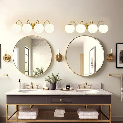 4 Lights Vintage Bathroom Vanity Light Fixtures Over Mirror, Brushed Gold Vanity Lights For Bathroom With Milk White Glass Globe Shade, Wall Lights For Bedroom, Hallway, Dressing Table(G9 Incl.)