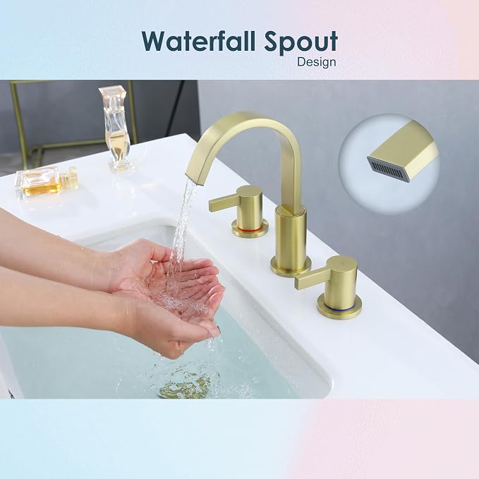 Widespread Gold Bathroom Faucet 3 Hole, Brushed Gold Vanity Faucet | 8 Inch Brushed Gold Bathroom Sink Faucet, Widespread, 360 Swivel Spout, Gold Bathroom Sink Faucet 3 Hole