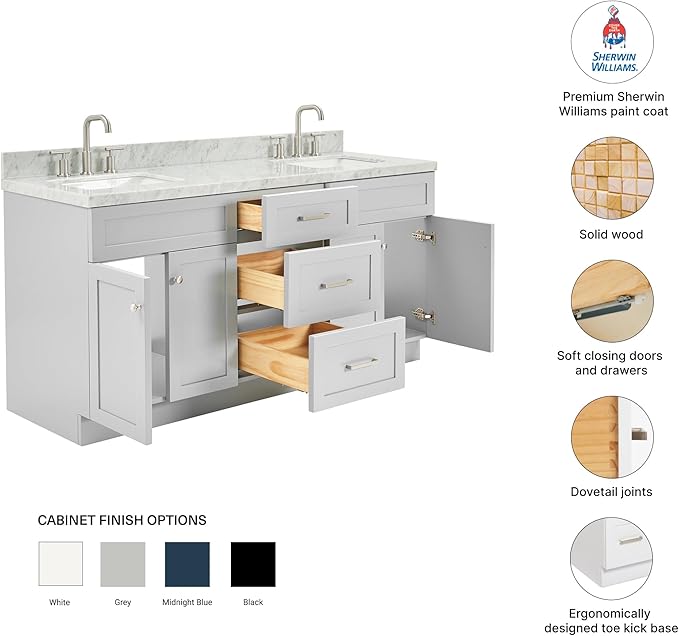 DKB Bradford 72 Inch Bathroom Vanity Double Sink — Grey Bathroom Vanity with Sink, 1.5" Edge Italian Carrara Marble Countertop & Backsplash, 4 Soft-Close Doors, and 3 Dovetail Drawers