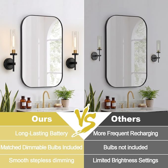 Battery Operated Wall Sconce Set of 2，Black and Gold Wireless Rechargeable Wall Lighting Fixtures with Remote Control，Dimmable Wall Light for Bathroom ，Vanity, Living Room, Bedroom, Hallway, Stairway