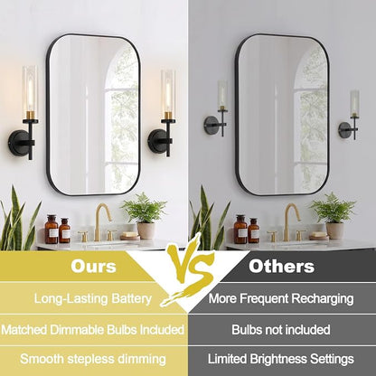 Battery Operated Wall Sconce Set of 2，Black and Gold Wireless Rechargeable Wall Lighting Fixtures with Remote Control，Dimmable Wall Light for Bathroom ，Vanity, Living Room, Bedroom, Hallway, Stairway