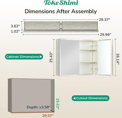 TokeShimi 30 x 26 Medicine Cabinet Mirror for Bathroom, Assembly Required, Nickel Recessed Medicine Cabinet with Mirror, Stepless Adjustable Shelves, Beveled Aluminum Frame, Tempered Glass