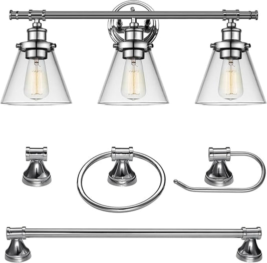 Globe Electric 51234 5-Piece All-in-One Bathroom Set, Chrome, 23" 3-Light Vanity Wall Light with Clear Glass Shades, Towel Bar and Ring, Robe Hook, Toilet Paper Holder, Beauty Room Accessories