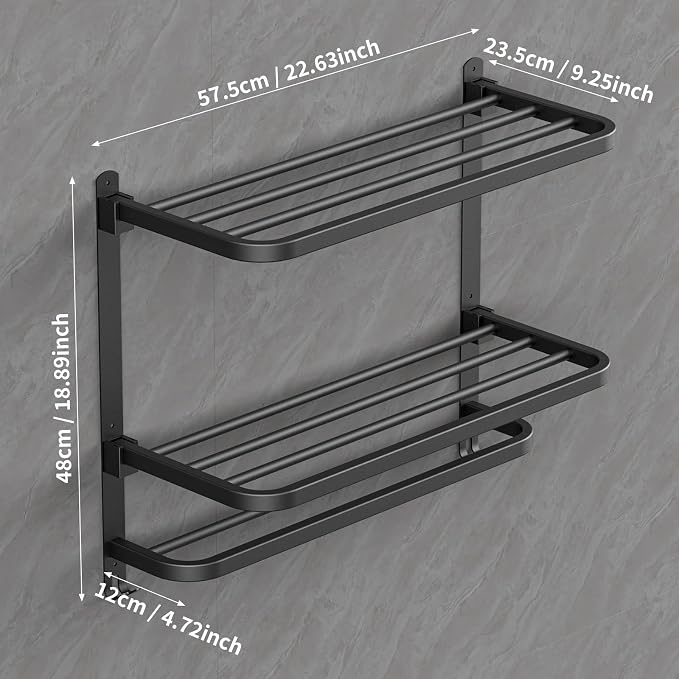 CAXIMSY 22.8Inch Towel Rack for Bathroom and Lavatory Towel Hanger with Wall Mount Towel Bars 304 Stainless Steel No Drill (Collapsible Black Towel Rack)