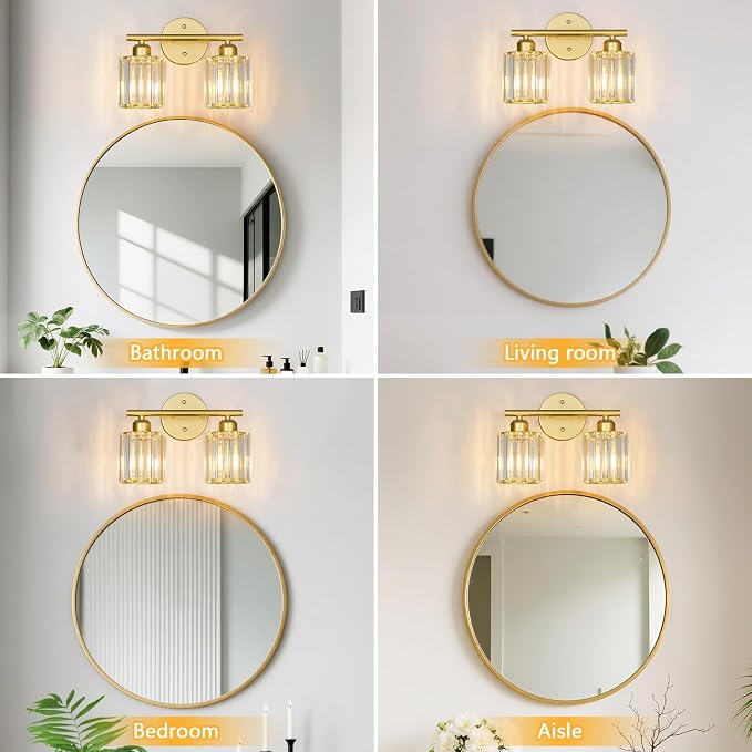 Modern 2 Light Crystal Vanity Light, Gold Vertical Bathroom Light Fixture Over Mirror for Dressing Table Sink, Compatible with Dimmable Bulbs (Bulbs Not Included)