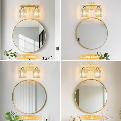 Modern 2 Light Crystal Vanity Light, Gold Vertical Bathroom Light Fixture Over Mirror for Dressing Table Sink, Compatible with Dimmable Bulbs (Bulbs Not Included)