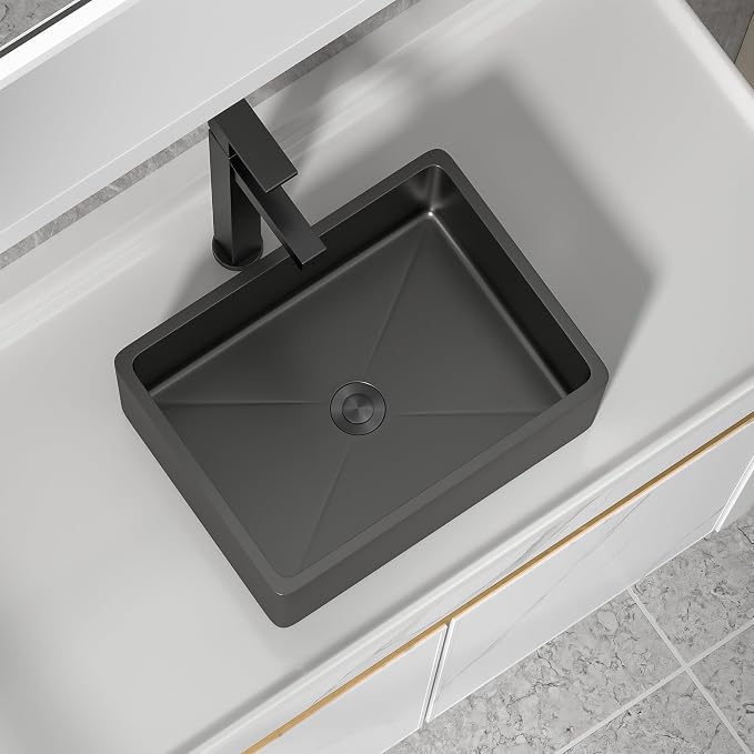 16"x12" Bathroom Vessel Sink Rectangular - Gunmetal Black NANO-PVD, 16 Gauge 304 Stainless Steel, Above Counter Rectangle Modern Vanity Lavatory Bath Sink Basin