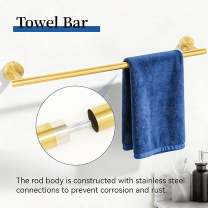 HOMOTEK 4 Pieces Bathroom Accessories Hardware Set, 24 inch Towel Bar, Towel Ring, Robe Hook, Toilet Paper Holder, Stainless Steel Rack Kit Wall Mounted, Gold