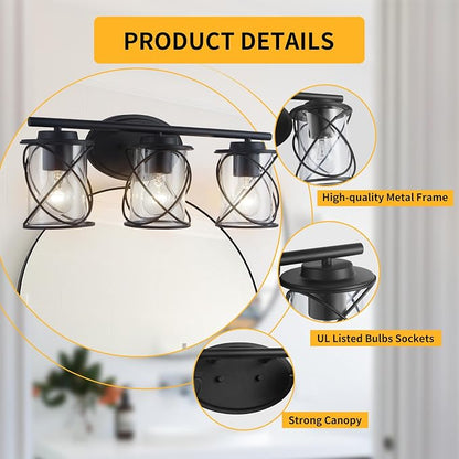 3-Lights Bathroom Vanity Lights, Bathroom Light Fixtures Over Mirror, Matte Black Vanity Light, Farmhouse Wall Lights with Clear Glass Shade, Bathroom Wall Lamp for Mirror Kitchen Bedroom