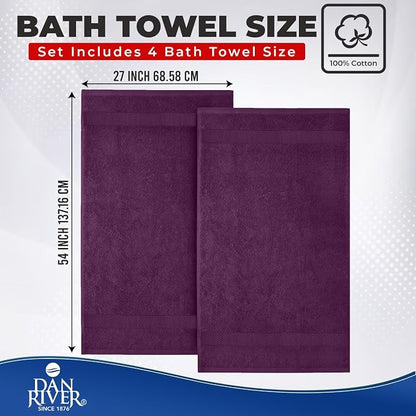 DAN RIVER 600 GSM Cotton Large Bath Towels Set of 4, 27 x 54 Inches, Purple | Larger & Lighter Weight Towels for Bathroom - Highly Absorbent & Quick Dry 100% Cotton Bath Towel Set for Home, Spa & Hotel