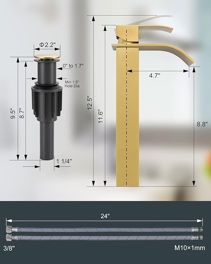 Vessel Sink Faucet Brushed Gold: ARCORA Single Hole Tall Bathroom Faucet, Single Handle Tall Waterfall Bathroom Faucet with Pop Up Drain and cUPC Supply Lines