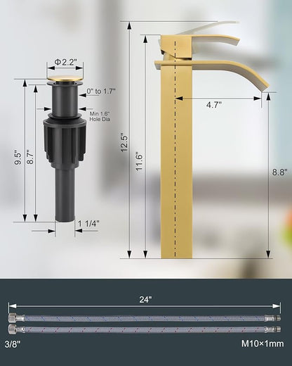Vessel Sink Faucet Brushed Gold: ARCORA Single Hole Tall Bathroom Faucet, Single Handle Tall Waterfall Bathroom Faucet with Pop Up Drain and cUPC Supply Lines