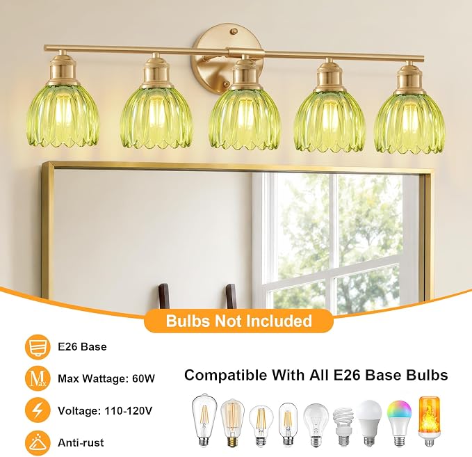 Bathroom Light Fixtures, 5-Light Brushed Gold Vanity Lights for Bathroom with Green Tulip Glass Shade, 30" Vintage Bathroom Vanity Lighting Fixtures Over Mirror for Bedroom Living Room Hallway