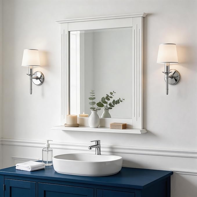 Tangkula Bathroom Mirror with Shelf, Rectangle Over Sink Wall Mirror, Hanging Vanity Mirror for Dressing Room Washroom Bedroom, Modern Concise Mirror (White)