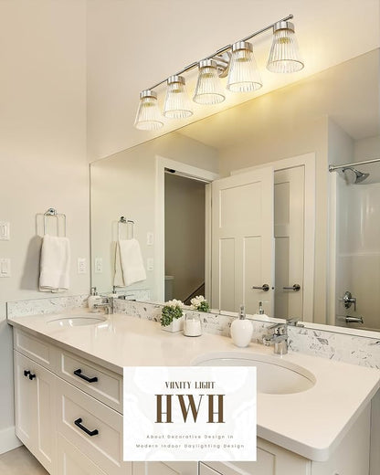Brushed Nickel Bathroom Vanity Light, HWH 5-Light Bathroom Light Fixtures Modern Wall Vanity Lamp for Bathroom Over Mirror, Clear Striped Glass Shade, 5HZG97B-5W BN