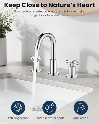 gotonovo 8’’ Widespread Bathroom Sink Faucet 3 Hole Polished Chrome | Bathroom Faucet Vanity,6-16’’ Sink,Basin,RV,Lavatory,2 Cross Handle,SUS304,360° Swivel Spout,24’’ cUPC Hose,Pop Up Drain