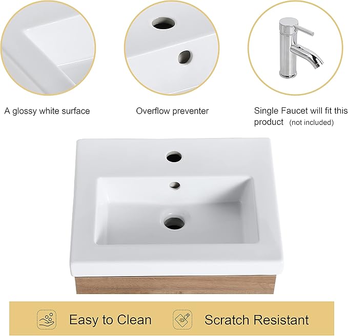 Malwee 18" Floating Bathroom Vanity with Sink, 18 Inch Single Sink Wall Mounted Bathroom Vanity, with 1 Door and White Ceramic Basin top, Modern Bath Wall-hung Storage Cabinet for Small Space(017-18)