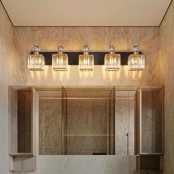 Modern Bathroom Vanity Light, 5-Light Black Gold Bathroom Lighting Fixtures Over Mirror, 36.3" Crystal Wall Light Sconce for Bathroom/Bedroom/Vanity, Includes LED Bulbs, Easy Installation