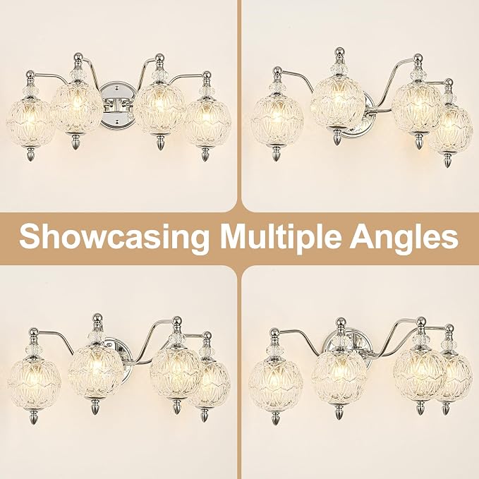 Brushed Chrome Bathroom Vanity Light, 4-Light Mid Century Modern Brushed Chrome Finish Wall Sconce with Globe Glass Shades, Retro Mirror Light for Bathroom, Powder Room