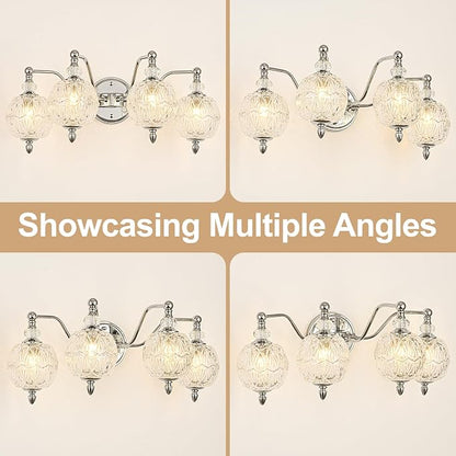Brushed Chrome Bathroom Vanity Light, 4-Light Mid Century Modern Brushed Chrome Finish Wall Sconce with Globe Glass Shades, Retro Mirror Light for Bathroom, Powder Room