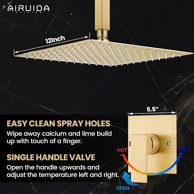 Airuida 12 Inch Brushed Gold Shower Faucet Set,Rainfall Shower System | Ceiling Shower Head,Male Thread Rough-in Valve,Ceiling Mount,Single Handle