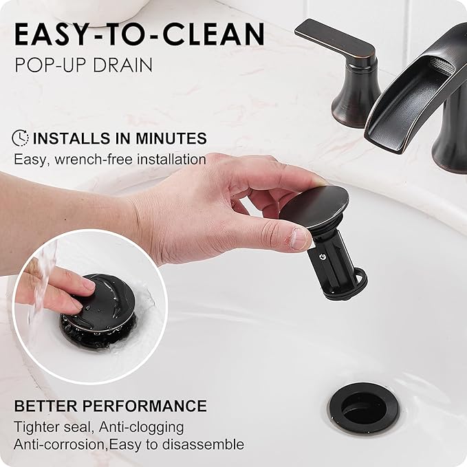 Oil Rubbed Bronze Bathroom Sink Faucet Widespread, 8 Inch Waterfall Faucet Bathroom 3 Hole with Pop-up Drain and cUPC Supply Lines, 2 Handles for Vanity, Restroom, Farmhouse, Brass Material
