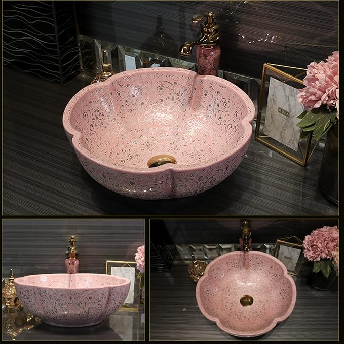Bathroom Vessel Sinks Art Vintage Style Pink Flower Ceramic Above Counter Sink For Vanity Top
