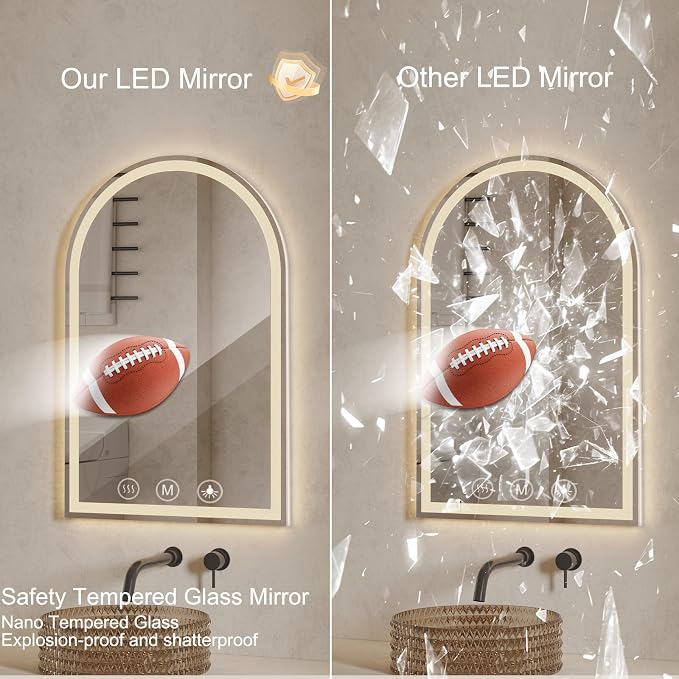 Arched LED Bathroom Mirrors with Lights 24"x36", Anti-Fog,LED Mirrors with Light, Anti-Fog, Dimmable, 3 Color, Shatterproof, Touch Sensor
